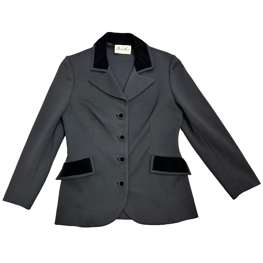 Vintage Butte Knit Wool Black Velvet Collar Tuxedo Tailord Jacket Martingale S-M